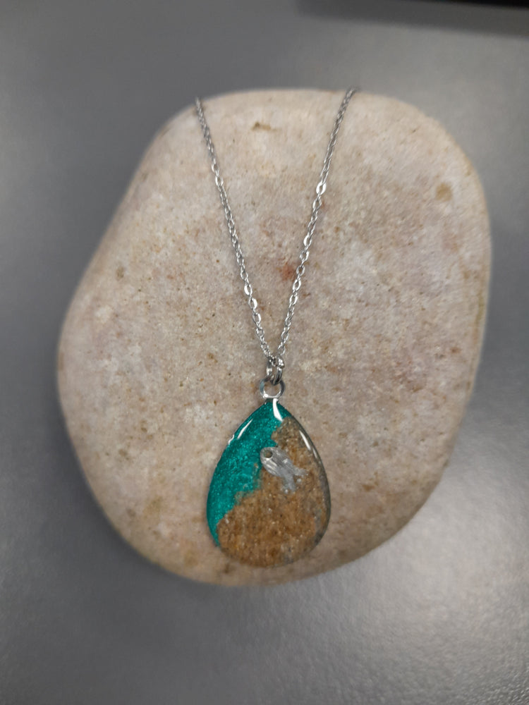 Turquoise shoreline large pear drop pendant with fish charm