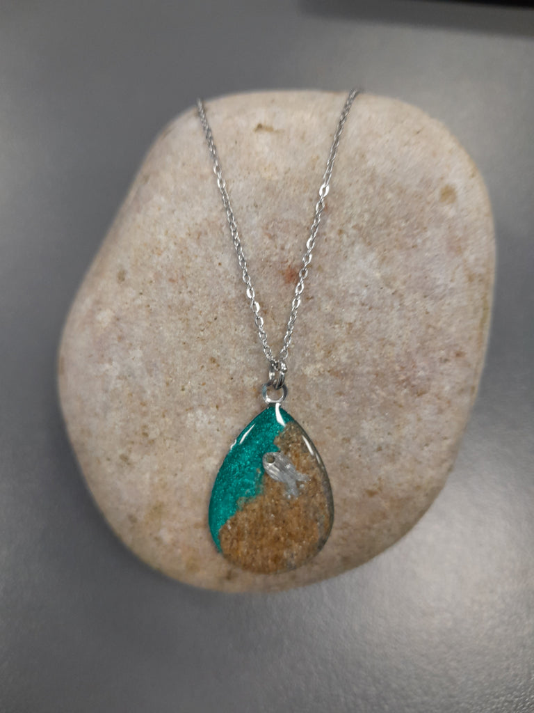 Turquoise shoreline large round teardrop pendant with fish charm ...